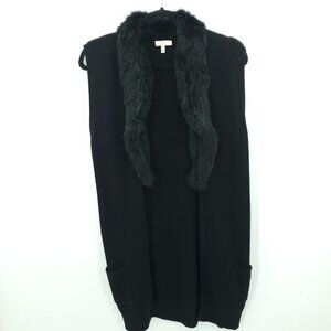 Joie Real Rabbit Fur Trimmed Ribbed Long Line Sweater Vest M Black